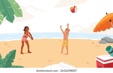 Happy little children characters playing beach volleyball enjoying active rest on tropical resort cartoon scene. Kids enjoying sunny weather and active recreation during vacation vector illustration