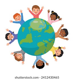 Happy little children circle around the world globe