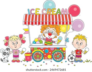 Happy little children, a colorful street ice-cream cart with holiday balloons and a merry circus clown vendor friendly smiling and waving in greeting, vector cartoon illustration on white