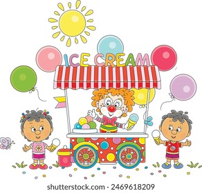 Happy little children, a colorful street ice-cream cart with holiday balloons and a merry circus clown vendor friendly smiling and waving in greeting, vector cartoon illustration on white