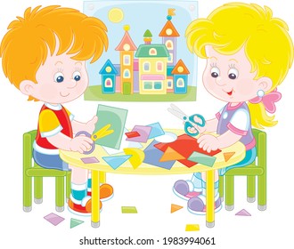 Happy little children cutting outlines and figures from color paper with scissors and making a funny picture of a pretty toy town, vector cartoon illustration isolated on a white background