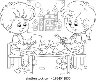 Happy little children cutting outlines and figures from paper with scissors and making a funny picture of a pretty toy town, black and white outline vector cartoon illustration for a coloring book