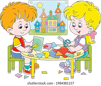 Happy little children cutting outlines and figures from color paper with scissors and making a funny picture of a pretty toy town, vector cartoon illustration isolated on a white background