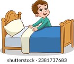 Happy little children doing housework cleaning.child making bed.
