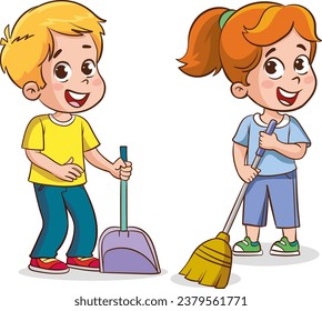 Happy little children doing housework and cleaning together