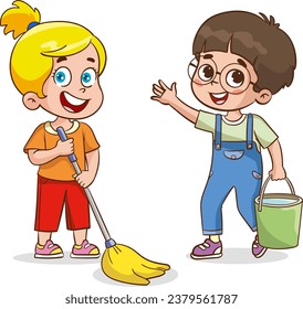 Happy little children doing housework and cleaning together