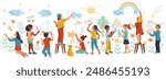 Happy little children drawing with chalks on wall flat color vector illustration. Kids creativity cartoon composition on white background