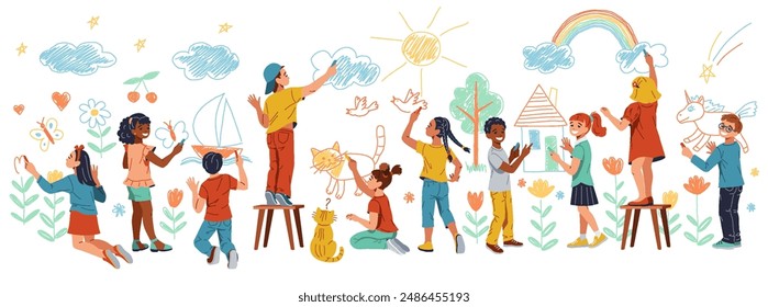 Happy little children drawing with chalks on wall flat color vector illustration. Kids creativity cartoon composition on white background