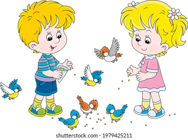 Happy little children feeding with corn a small flock of merry sparrows and titmice, vector cartoon illustration isolated on a white background