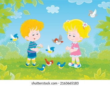 Happy little children feeding with corn a small flock of merry sparrows and titmice in a green summer park, vector cartoon illustration