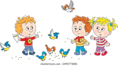 Happy little children feeding with corns a small flock of merry sparrows and titmice in a park, vector cartoon illustration on a white background