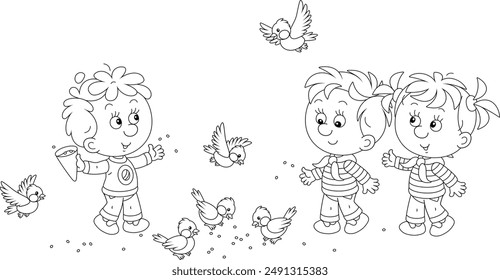 Happy little children feeding with corns a small flock of merry sparrows and titmice in a park, black and white outline vector cartoon illustration for a coloring book page