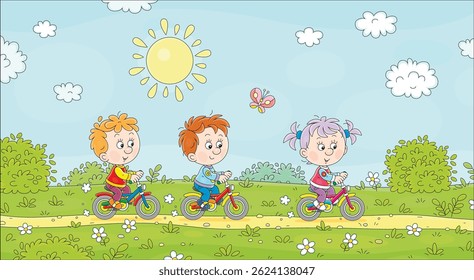 Happy little children friendly smiling, talking and riding their small toy bicycles along a country road on a warm sunny day in countryside on fun summer vacations, vector cartoon illustration