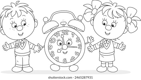 Niños pequeños felices y un divertido personaje de dibujos animados despertador, sonriente amable, alegre sonriendo y saludando con la mano, ilustración de dibujos animados de Vector blanco y negro para un libro para colorear