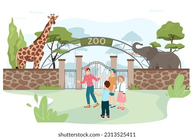 Happy Little children go to see at animals behind enclosure at Zoo. Zoo entrance gates. Cartoon vector illustration with elephant giraffe safari animals and visitors on territory.