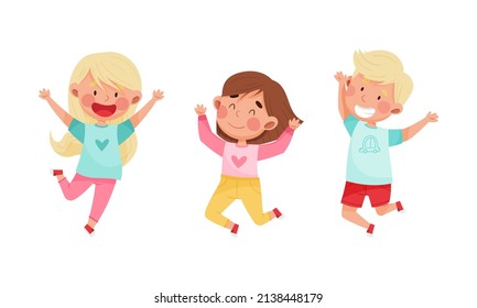 Happy little children having fun and jumping in fine mood cartoon vector illustration