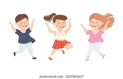 Happy little children having fun. Joyful kids playing together, dancing or happily jumping cartoon vector illustration
