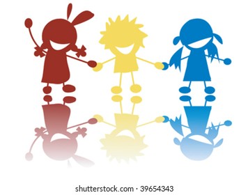Happy little children holding hands in colors, stylized silhouettes