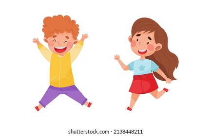 Happy little children jumping set. Energetic boys and girls having fun in fine mood cartoon vector illustration