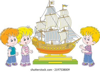 Happy little children looking at a model of an old wooden sailboat in a maritime museum, vector cartoon isolated on white