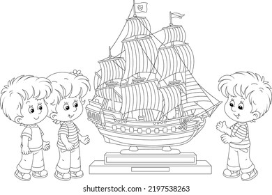 Happy little children looking at a model of an old wooden sailboat in a maritime museum, black and white outline vector cartoon illustration for a coloring book page
