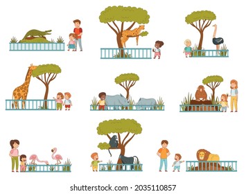 Happy Little Children with Parents Looking at Animals Behind Enclosure at Zoo Vector Set - Shutterstock ID 2035110857