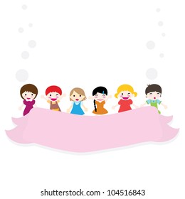 happy little children with pink banner background