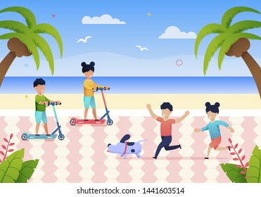 Happy Little Children Play on Beach on Summer Day. Vector Illustration Smiling Boy and Girl Running after Dog. Brother and Sister Ride Scooter on Ocean Coast. Active Summer Holidays for Schoolchildren
