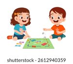Happy Little Children Playing Board Game on The Floor with Smiling Face Expression in Cartoon