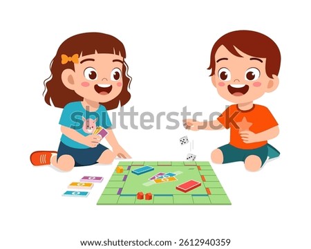 Happy Little Children Playing Board Game on The Floor with Smiling Face Expression in Cartoon