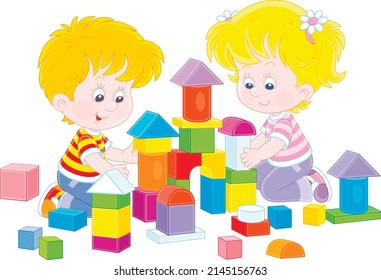 Happy little children playing with colorful bricks and building a toy castle in a playroom, vector cartoon illustration on a white background