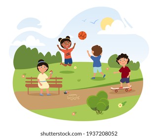 Happy little children are playing in the park together. Cute kids are having fun with ball, ice cream and skateboard in the park on a hot summer day. Flat cartoon vector illustration