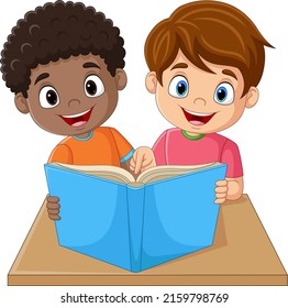 Happy little children reading a book