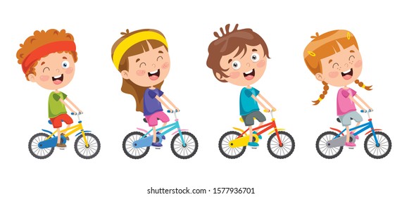 Happy Little Children Riding Bicycle