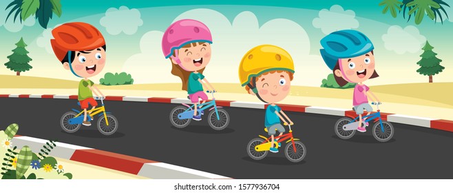 Happy Little Children Riding Bicycle
