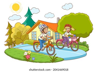 Happy Little Children Riding Bicycle. vector illustration