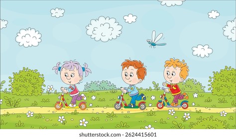 Crianças pequenas felizes montando suas pequenas scooters de brinquedo ao longo de uma estrada rural em um dia ensolarado quente no campo em férias de verão divertidas, ilustração de desenhos animados vetoriais
