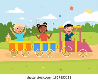 Happy little children are riding the train together. Smiling excited kids enjoing riding colorful train outdoors in a park. Concept of outdoor activity for children. Flat cartoon vector illustration