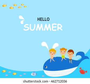 happy little children riding whale