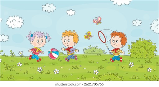 Happy little children running, jumping and playing with a ball and a toy butterfly net on a green playground in a pretty park on fun summer vacations, vector cartoon illustration
