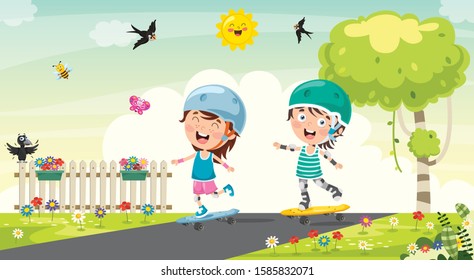 Happy Little Children Skateboarding Outside