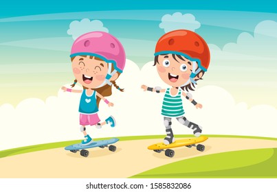 Happy Little Children Skateboarding Outside