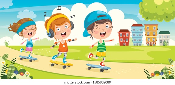 Happy Little Children Skateboarding Outside