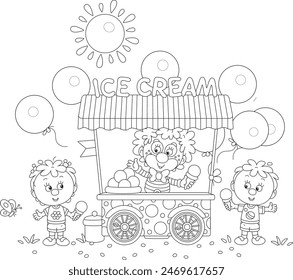 Happy little children, a street ice-cream cart with holiday balloons and a merry circus clown vendor friendly smiling and waving in greeting, black and white vector illustration for a coloring book