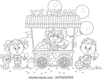 Happy little children, a street ice-cream cart with holiday balloons and a merry circus clown vendor friendly smiling and waving in greeting, black and white vector illustration for a coloring book