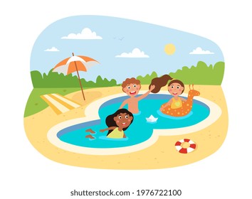 Happy little children swimming in the pool on holiday together. Little smiling kids enjoing time spent in sea resort. Group of friends with inflatable snail. Flat cartoon vector illustration