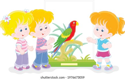 Happy little children walking at a zoological garden and watching a funny tropical parrot with bright colorful plumage and a long tail, vector cartoon illustration isolated on white