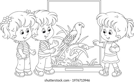 Happy little children walking at a zoological garden and watching a funny tropical parrot with bright plumage and a long tail, black and white outline vector cartoon illustration for a coloring book