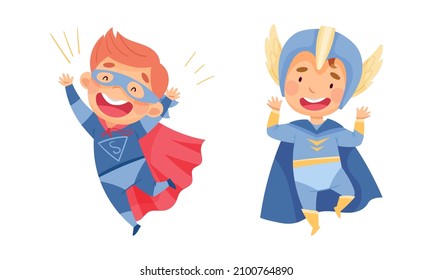 Happy little children wearing superheroes costumes and masks set. Kids having fun at carnival or birthday party cartoon vector illustration