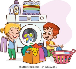 Happy little childrens doing daily chores with washing machine, holding a basket full of laundry.